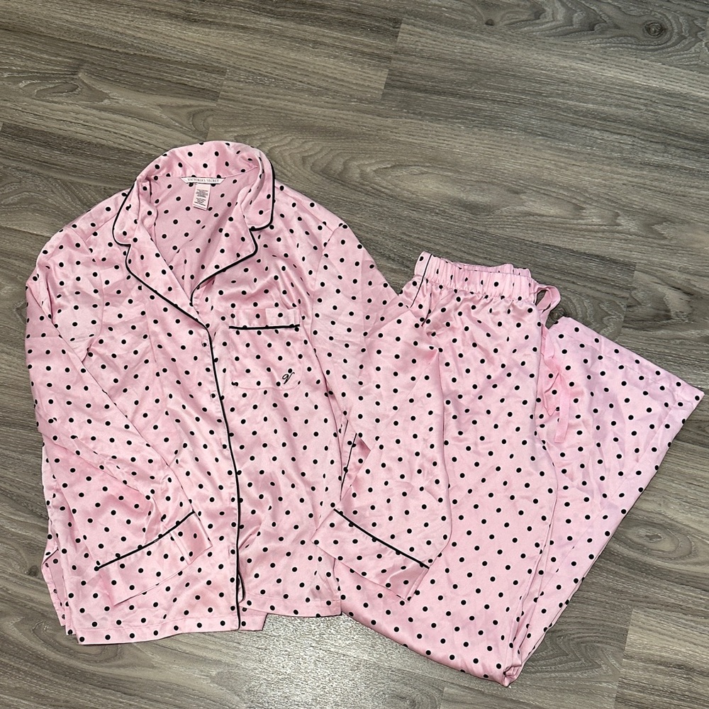 Victoria's Secret Silk Pajama Set in Pink with Black Dots